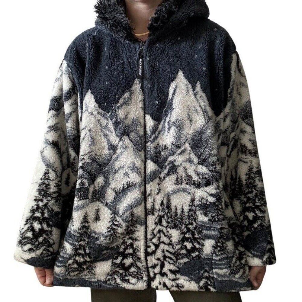 Vintage Black Mountain Winter Cabin Christmad Scene Ski Deep Pile Fleece Jacket - Picture 4 of 7